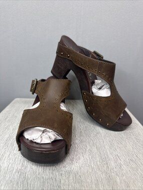 Dansko 'Ripley Brown Crazy Horse' Leather Slide Shoe with Studs & Buckle - Sz 7